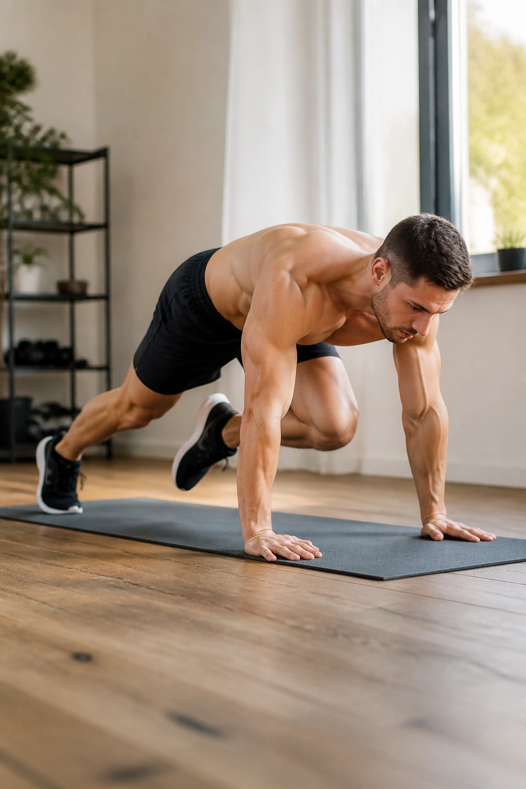 Person performing mountain climber exercise on mat with knees toward chest