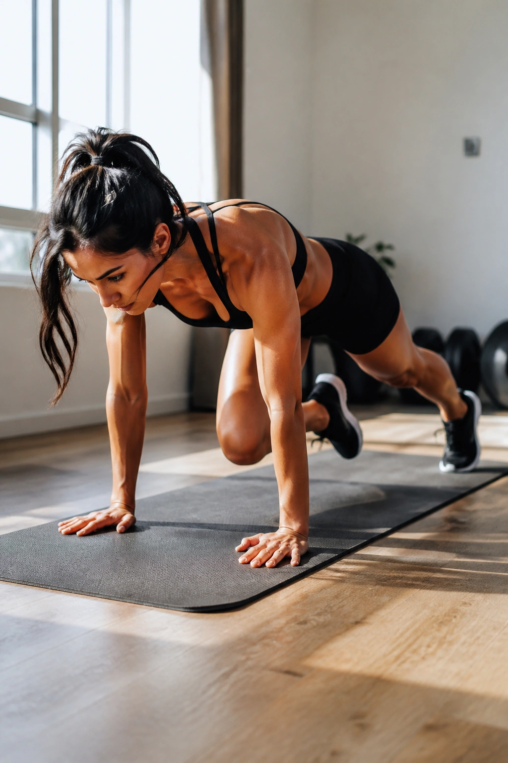 Person performing mountain climbers in a bright home gym