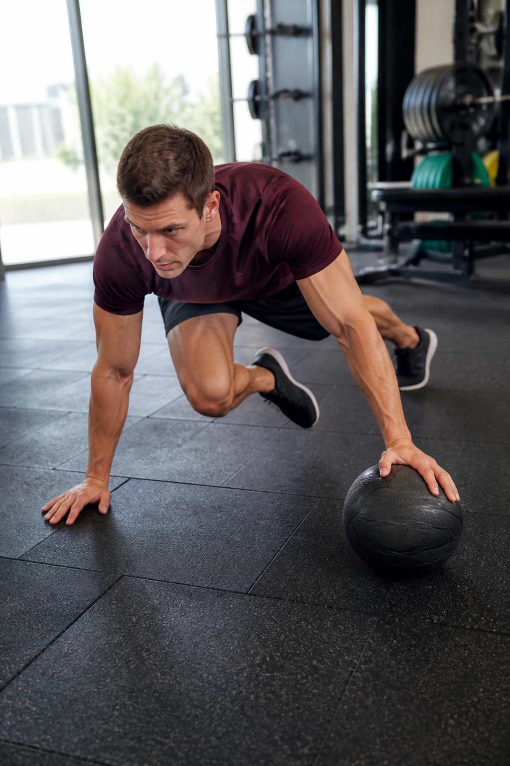 Real person performing mountain climber ball drag in high plank
