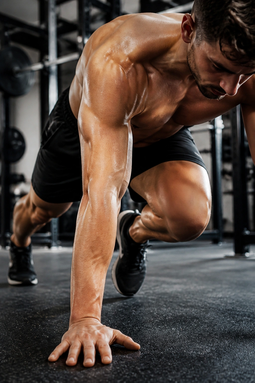 Close-up of a mountain climber speed bursts during a high-plank knee drive in a gym
