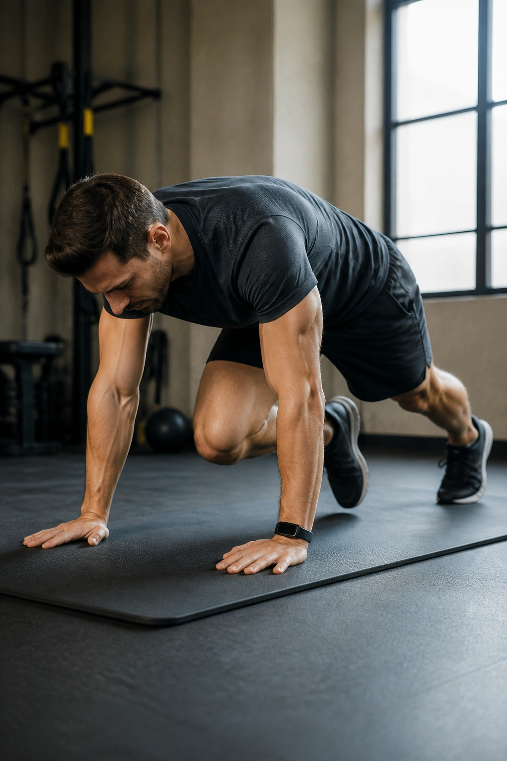 Person performing mountain climbers on a gym mat, controlled tempo