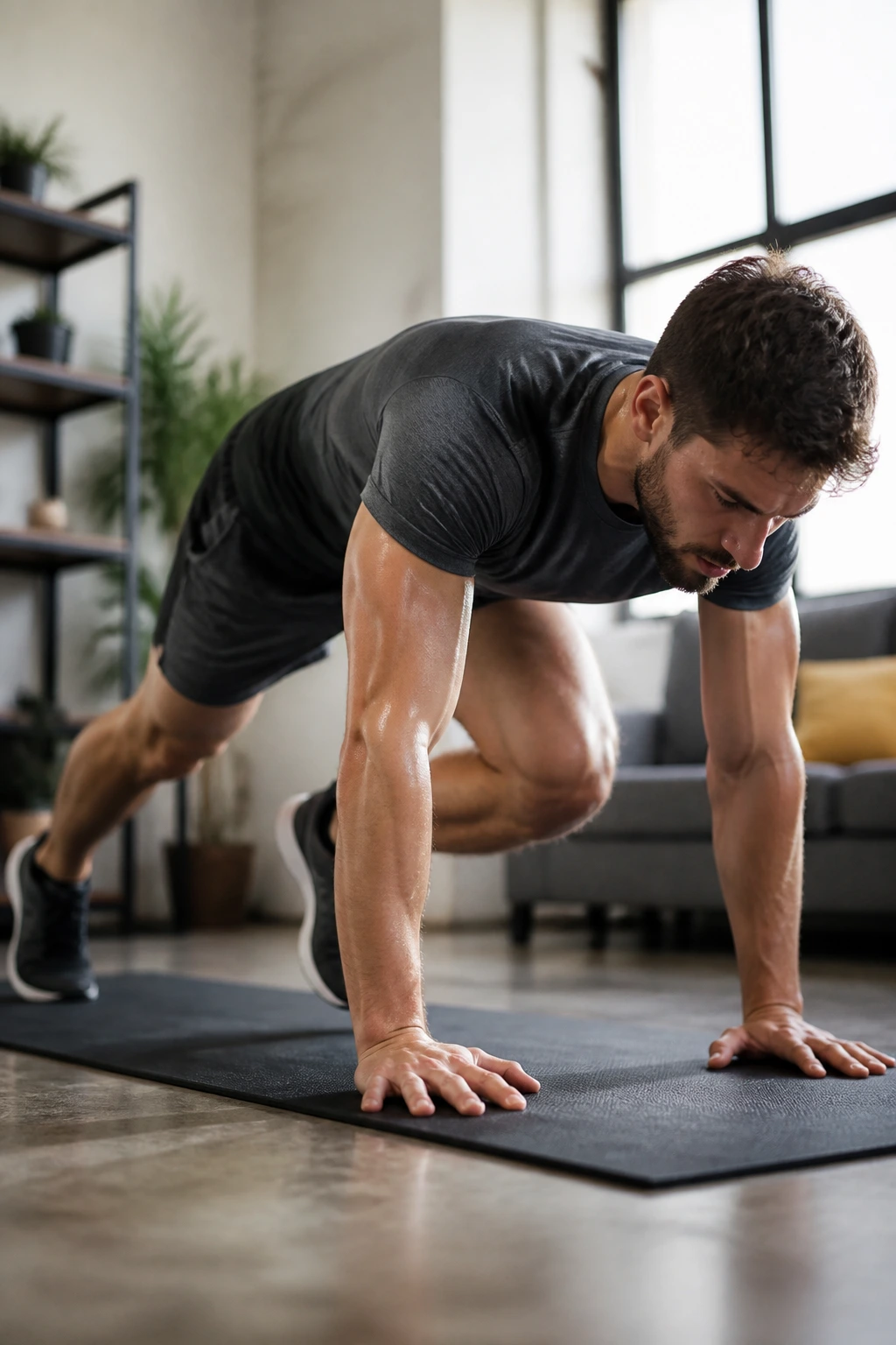 Medium close-up of mountain climber exercise on a mat