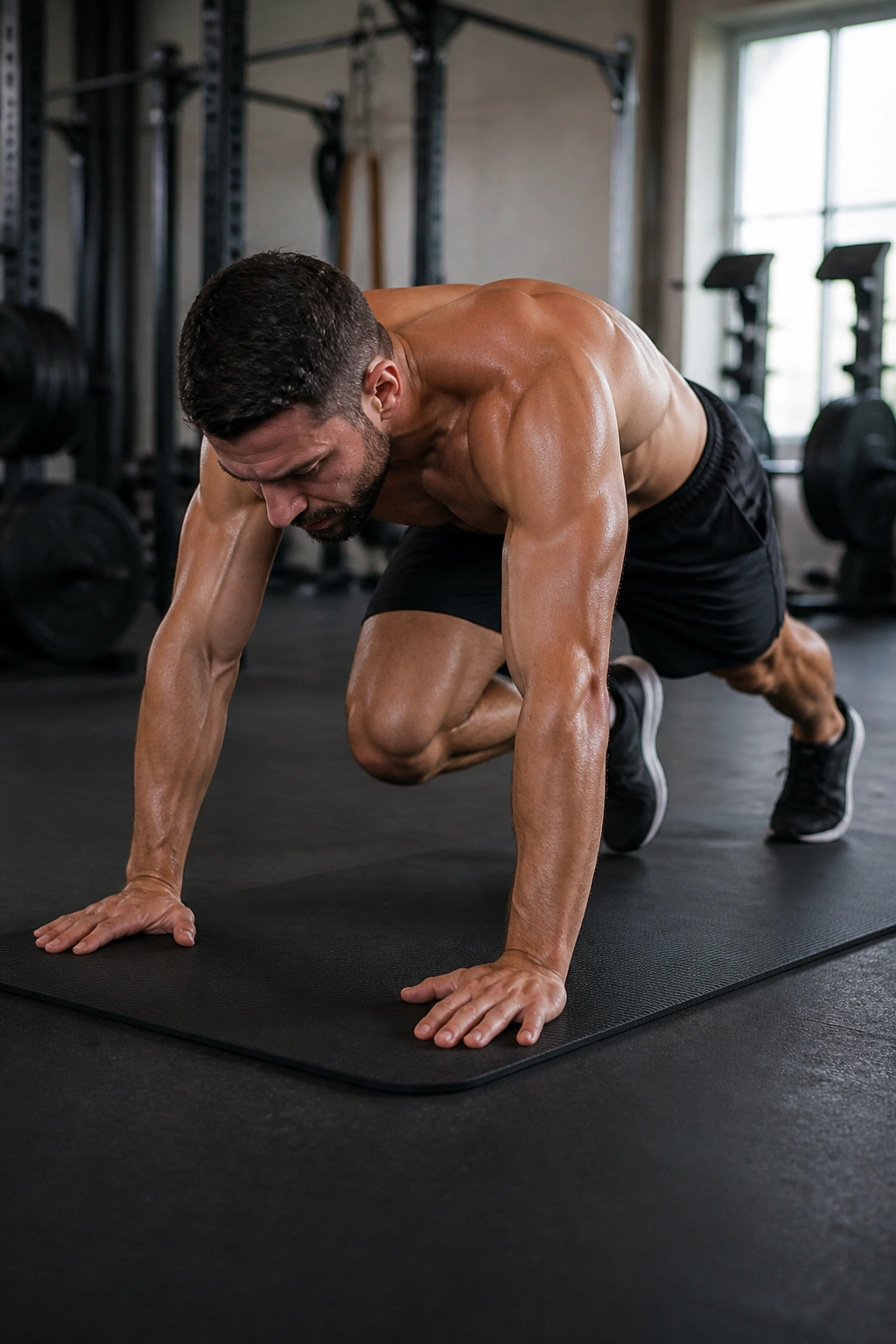 Real person performing mountain climber with controlled knee drive in a gym.