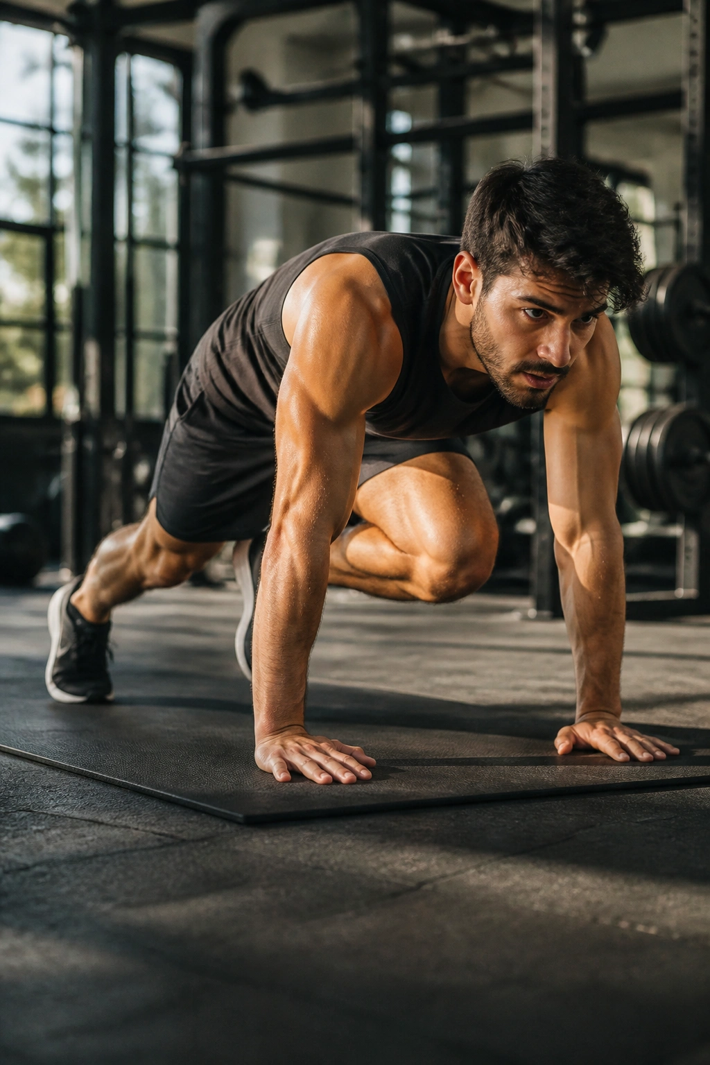 Real person performing mountain climbers on gym mat with controlled tempo