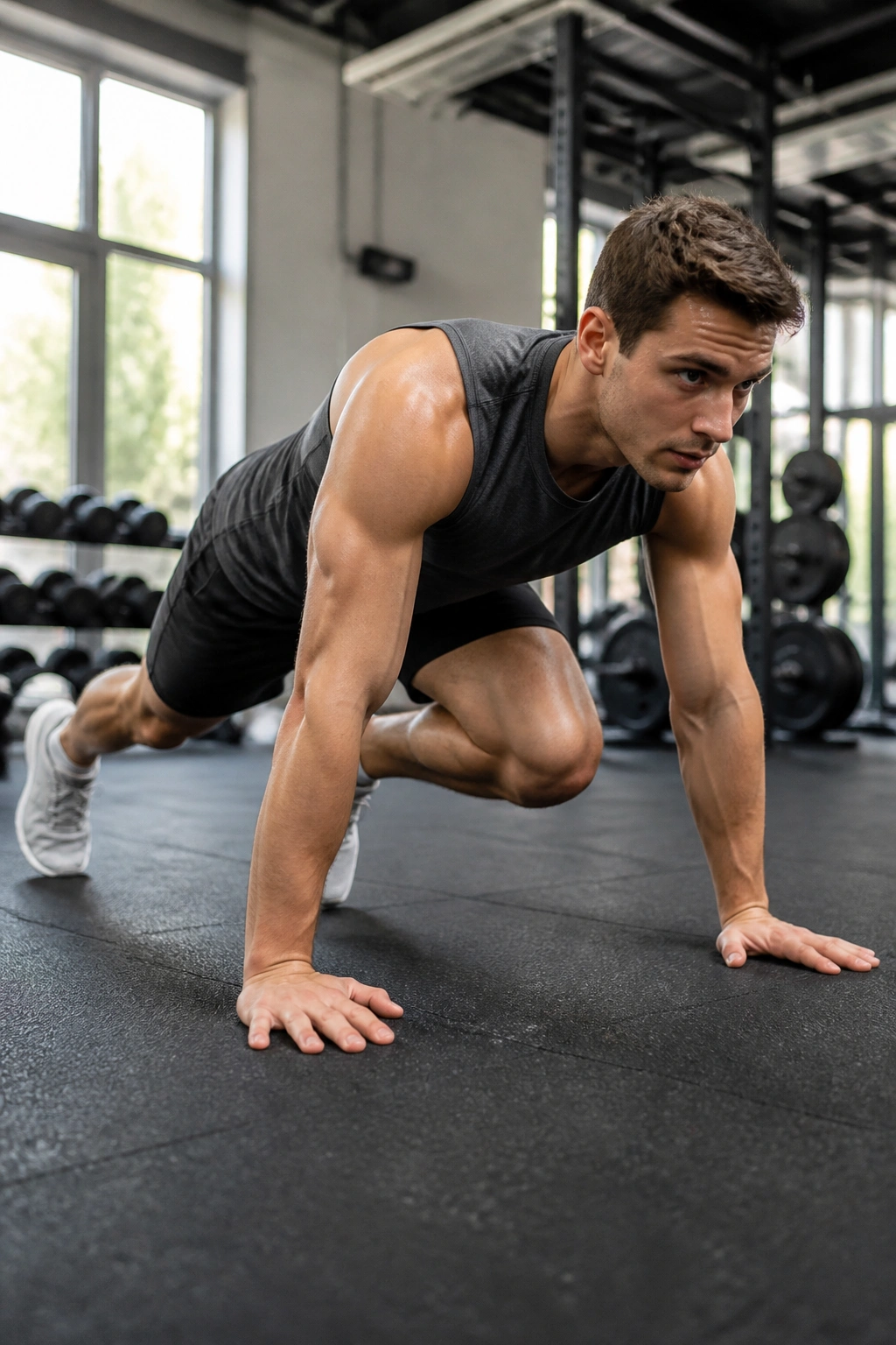 Mid-shot of a person performing mountain climbers in a plank with knees to chest.