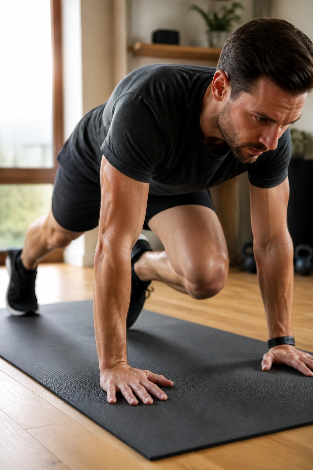 Mountain climber exercise on mat showing core engagement in a home workout