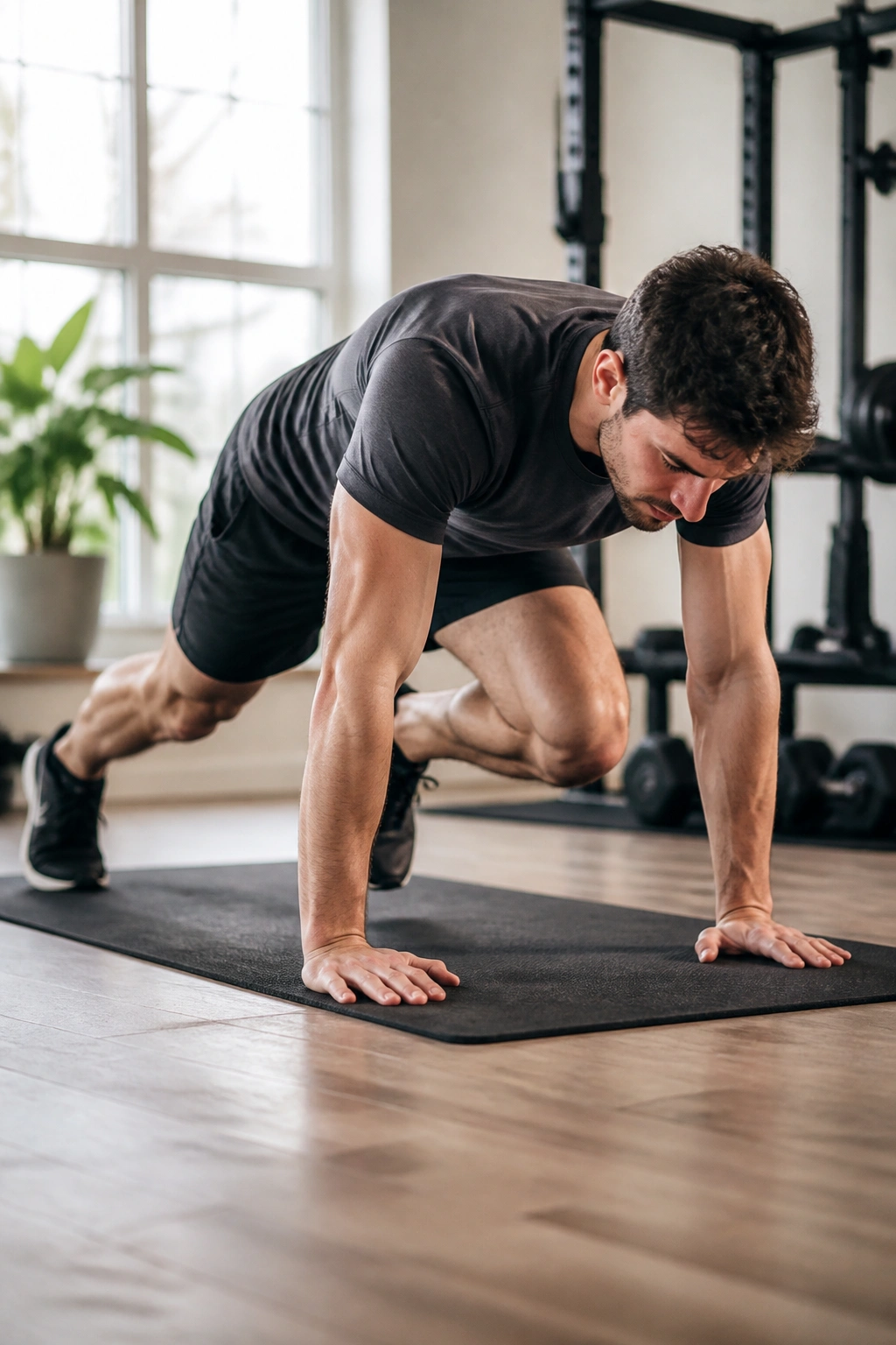 Side view of a person performing mountain climbers in a home gym