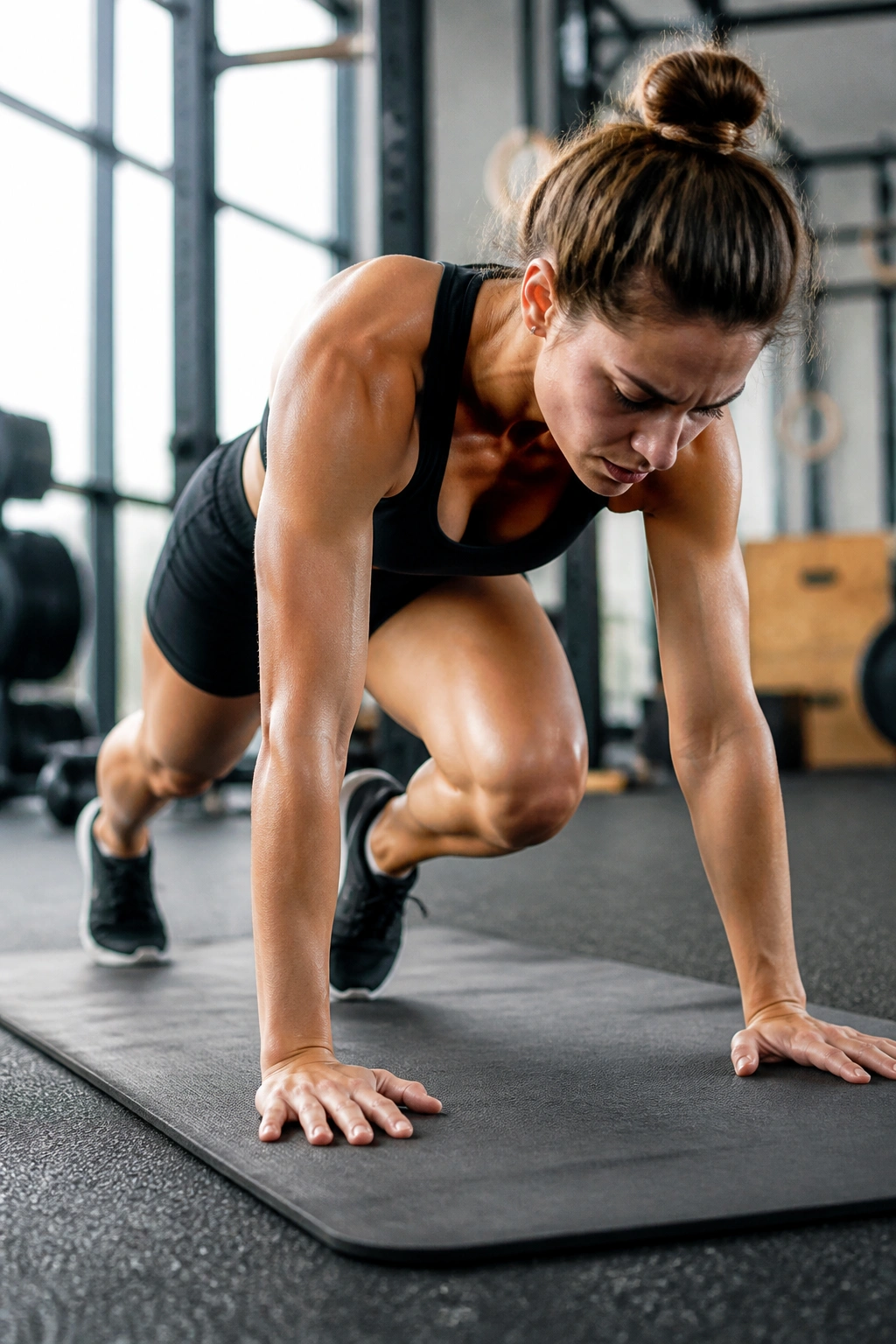 Real person performing mountain climbers from a high plank in a gym setting