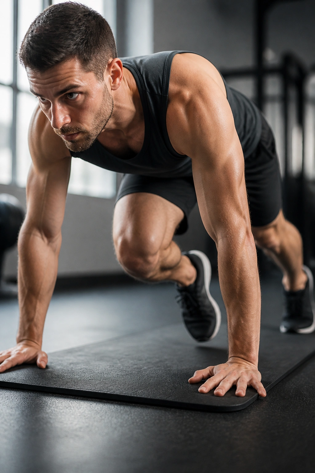 Close-up of a person in a mountain climber position midway through a flow