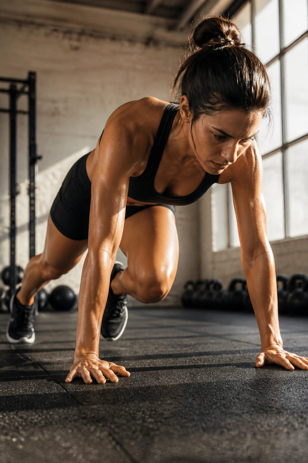 Medium close-up of mountain climber powering knees toward chest