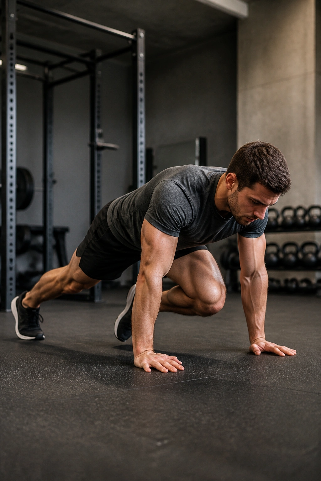 Person performing mountain climber to push-up flow in a gym