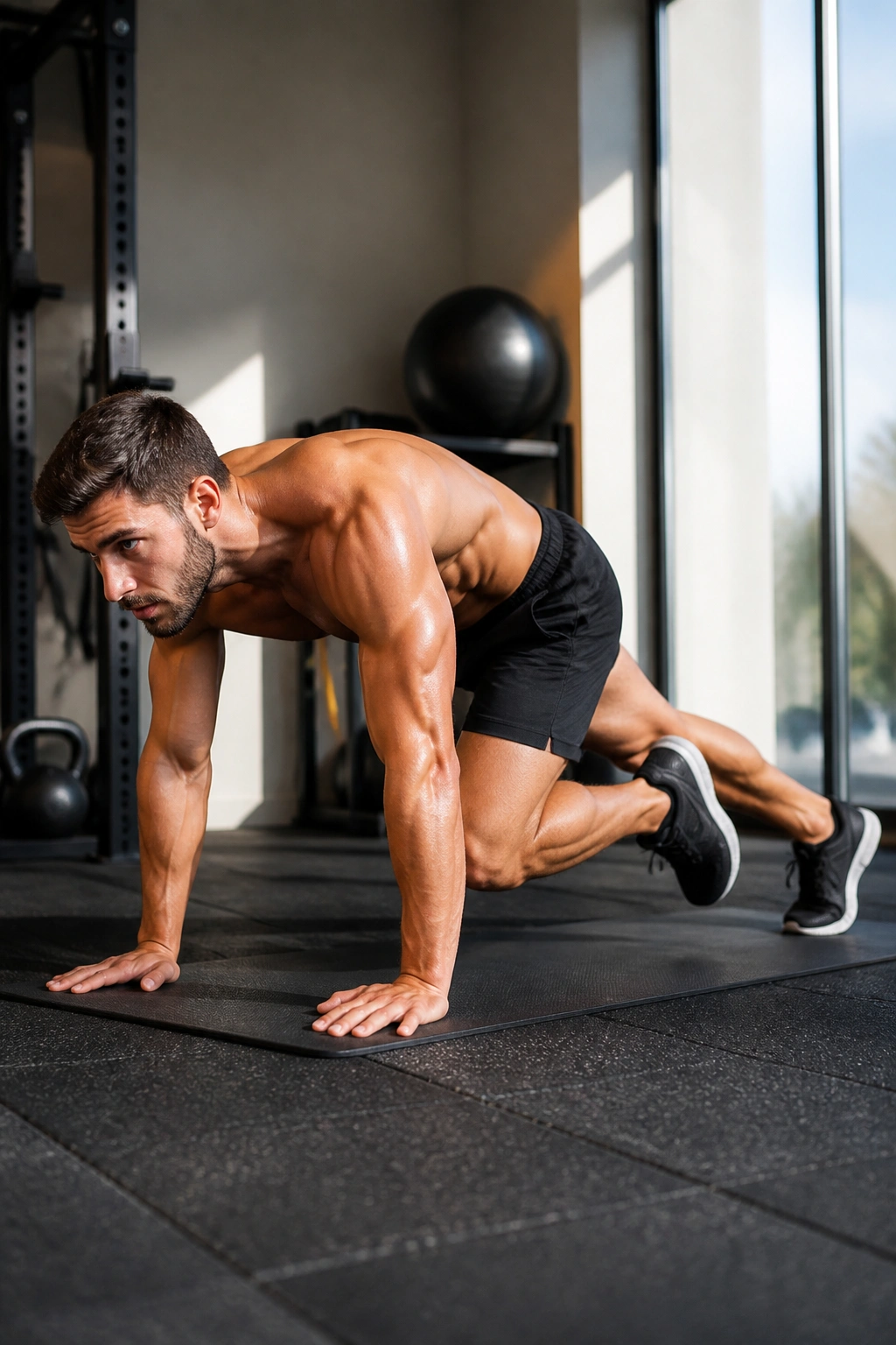 Slow mountain climber performed in a high plank focusing on core engagement