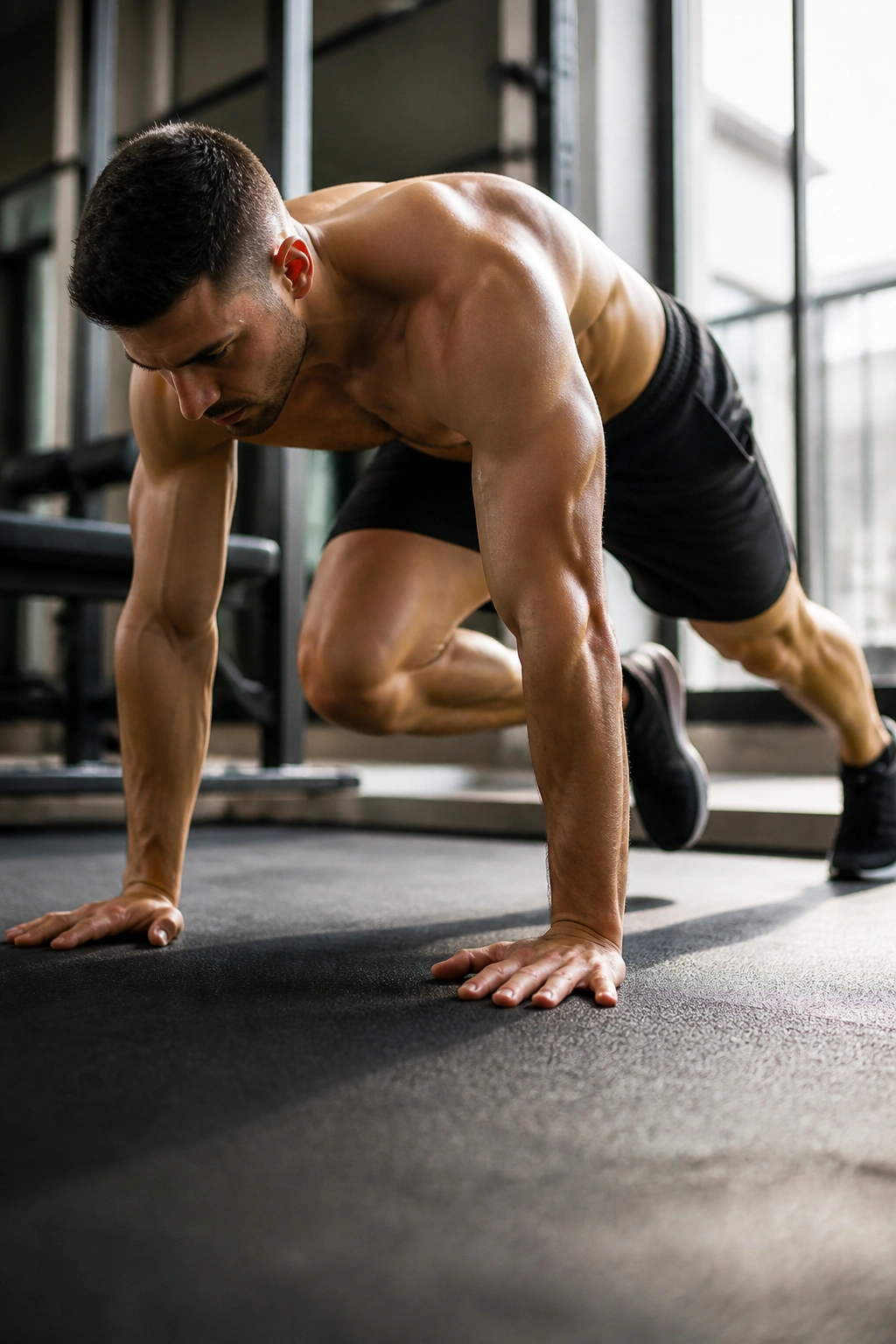 Slow-motion mountain climber bracing pelvis and core