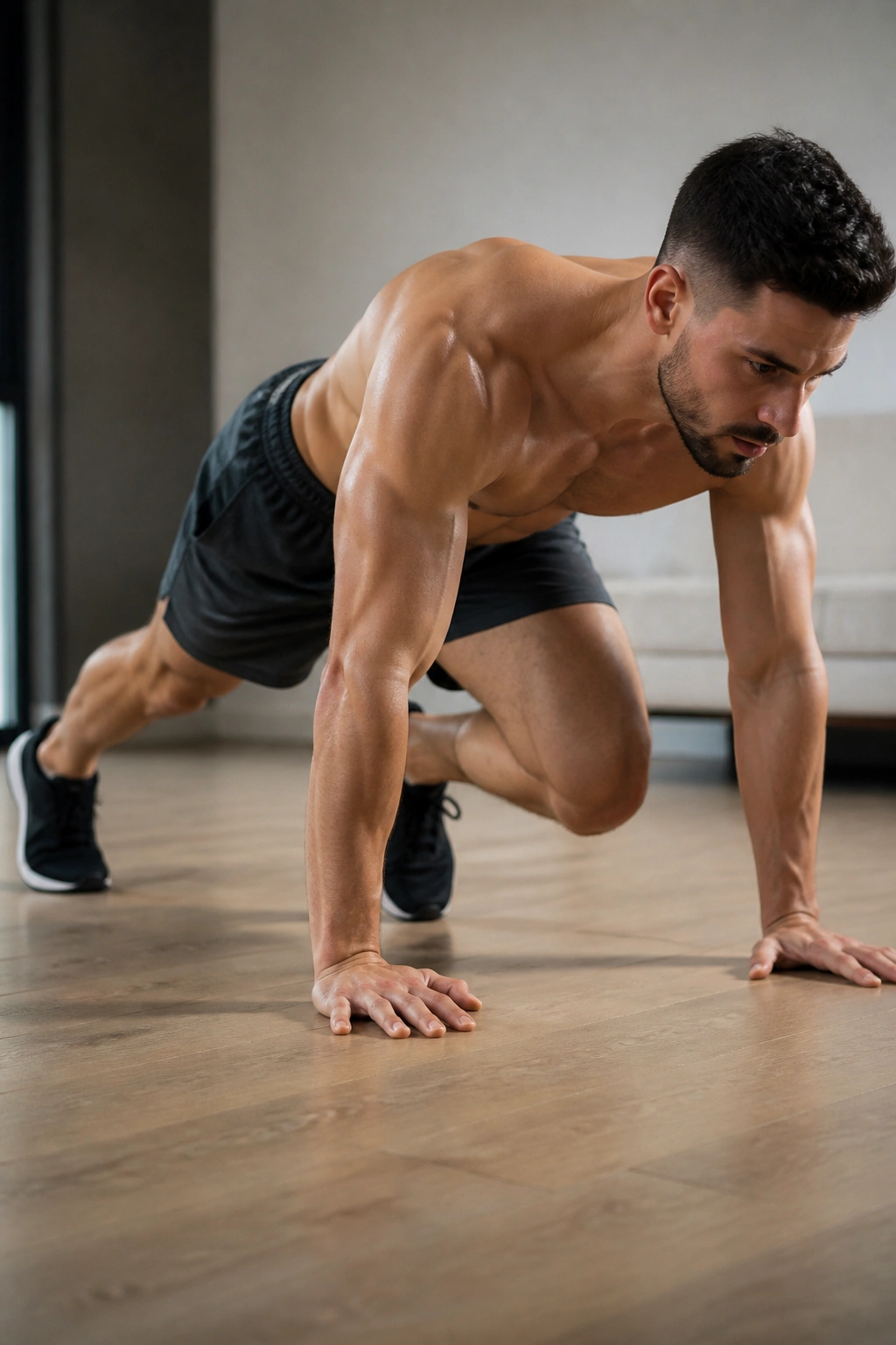 Athlete performing mountain climber variations on a home gym floor with engaged core.