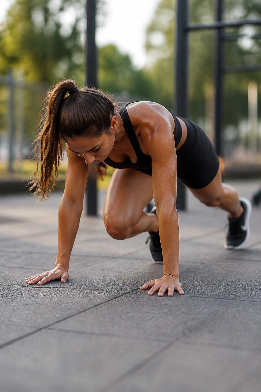 Medium-close shot of controlled mountain climber showing core stability