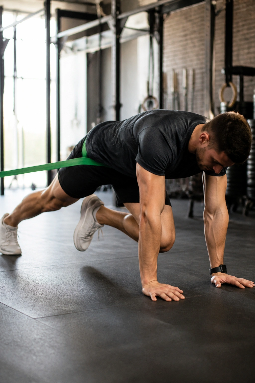 Person in plank position performing resistance band mountain climbers