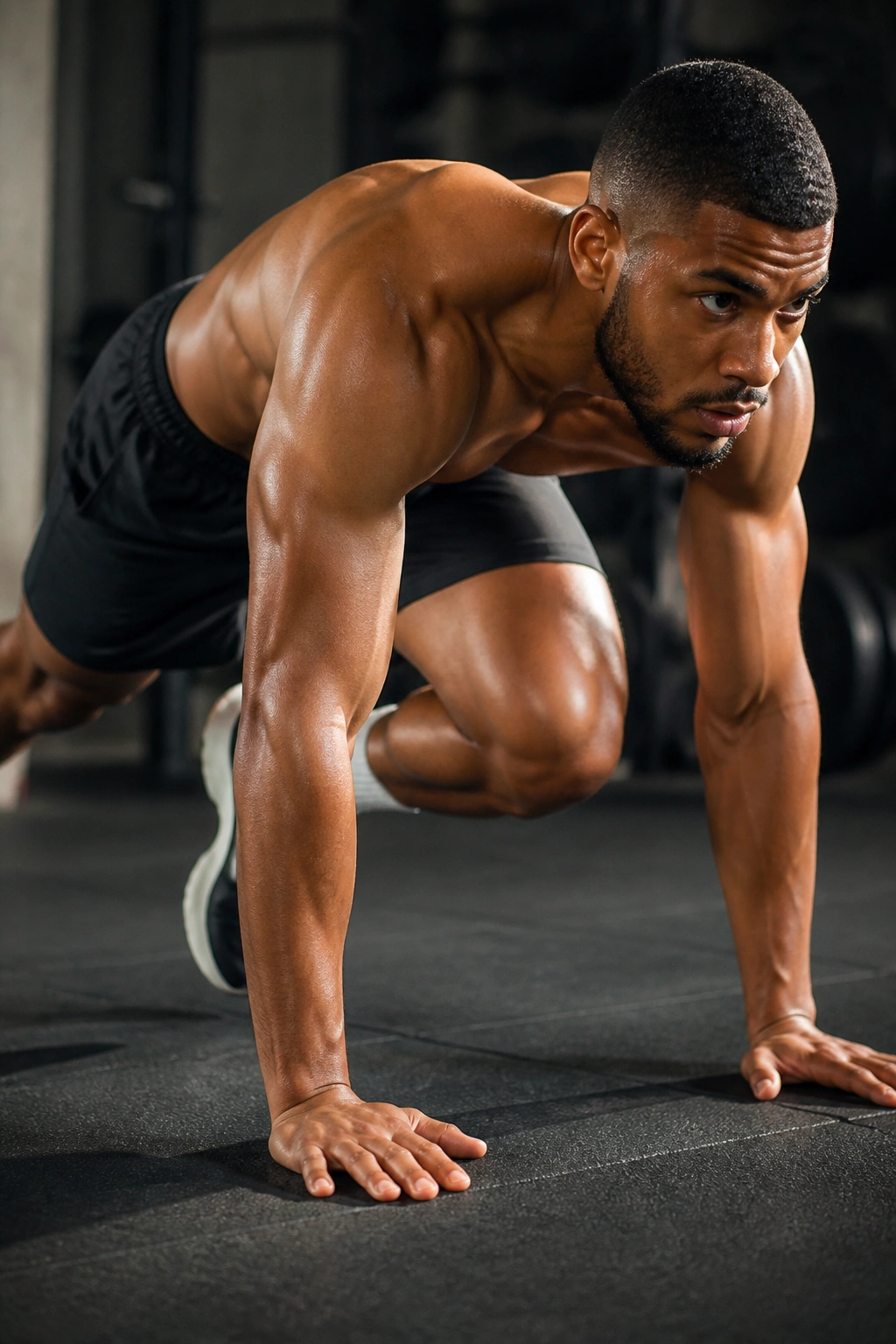 Person performing mountain climbers on gym floor