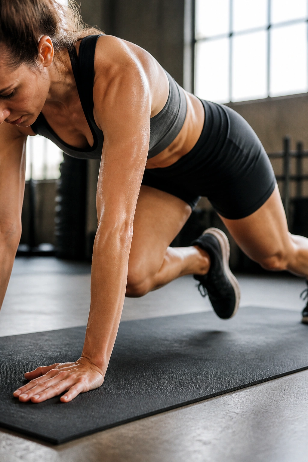 Real person performing mountain climbers in a plank position