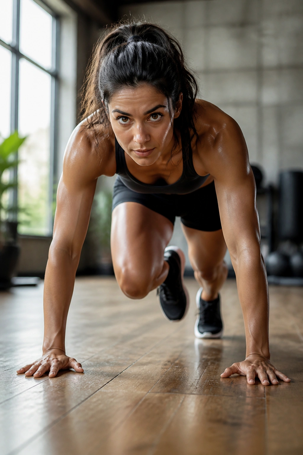 Front view of mountain climber in high plank with knee to chest.