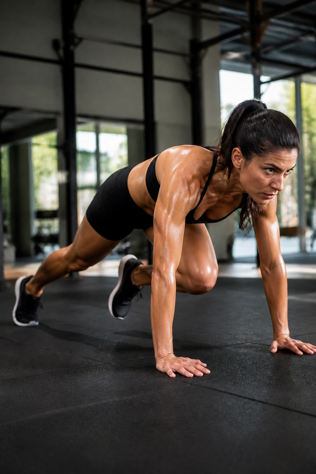 Person in mountain climbers position with knee toward chest