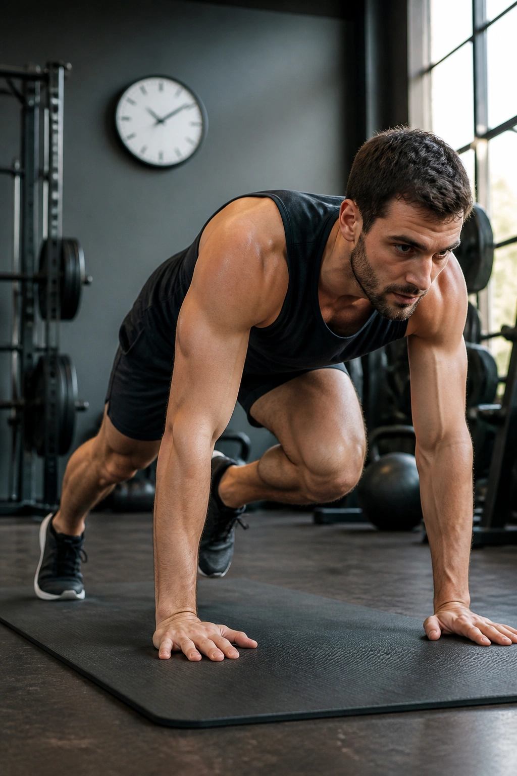 Person performing mountain climbers in a push-up position on a mat, showcasing hip stability