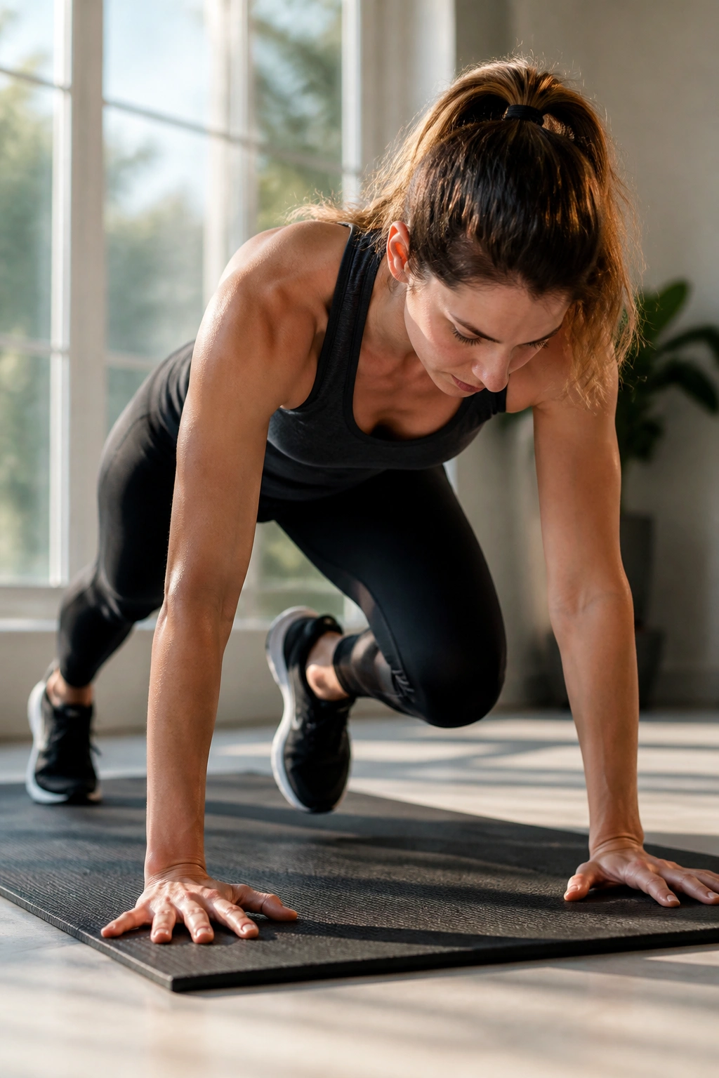 Mountain climbers in push-up position at controlled pace