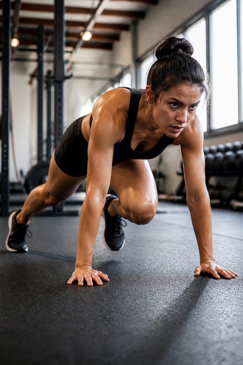Action shot of a person performing mountain climbers in a gym