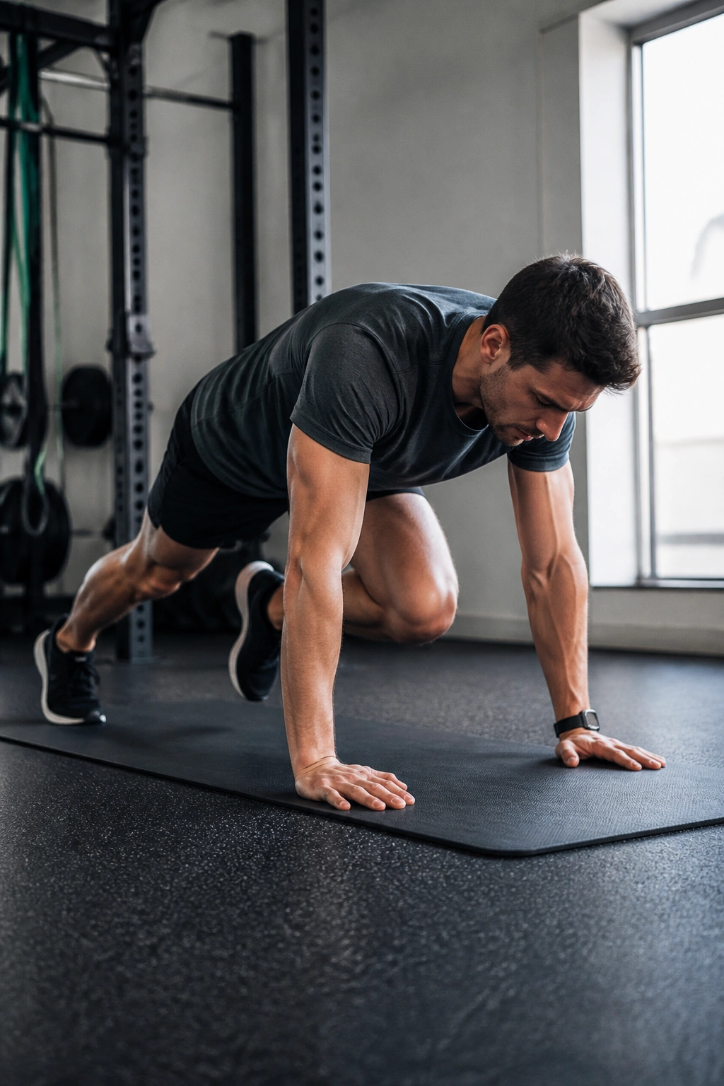 Braced core mountain climbers in gym on a mat