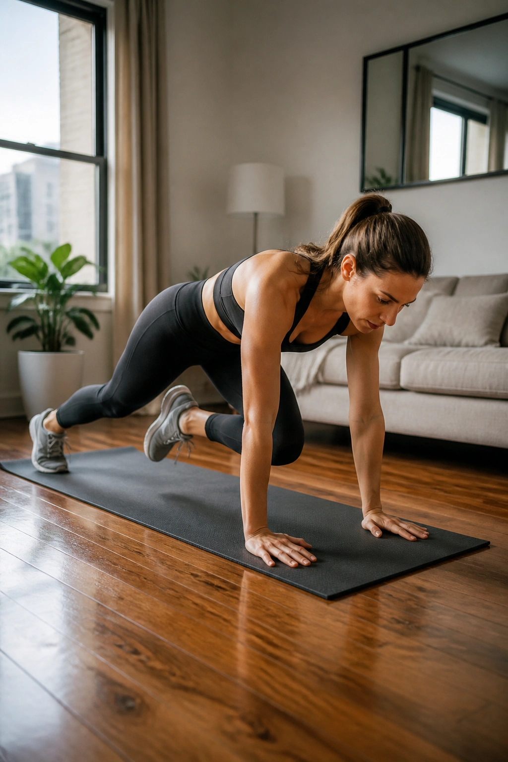 Real person performing mountain climbers on a mat in a home setting.