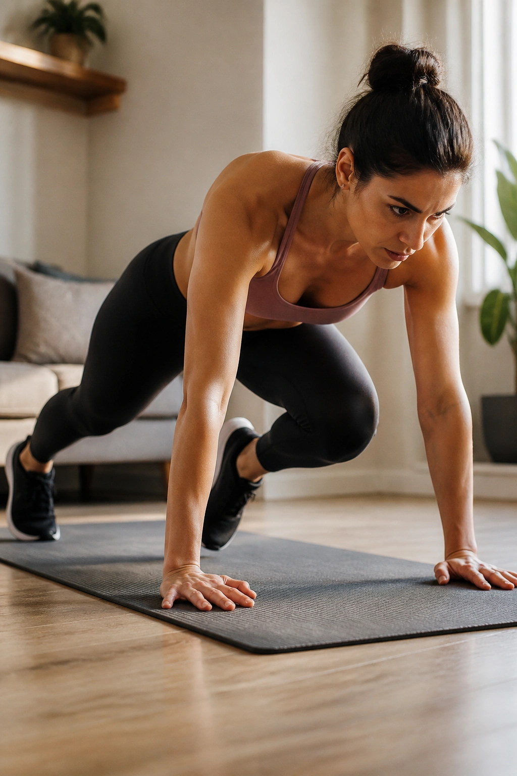 Medium close-up of a woman doing mountain climbers on a mat in a home gym