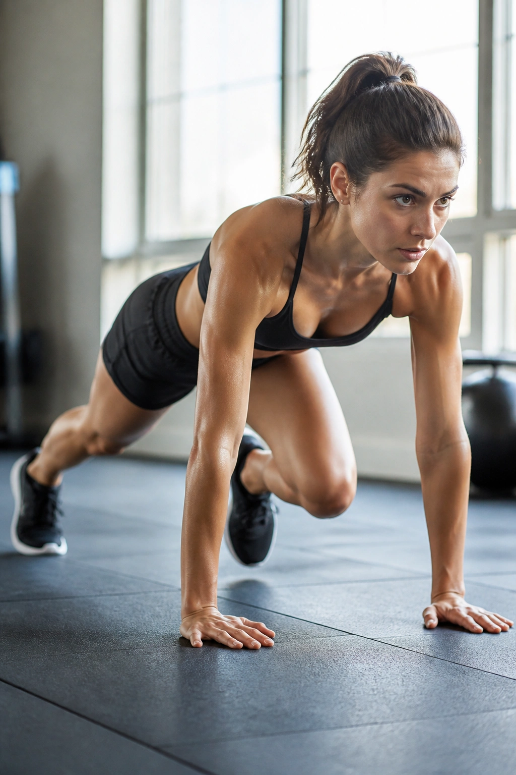 Real person performing mountain climbers with hips level and knee driving toward chest