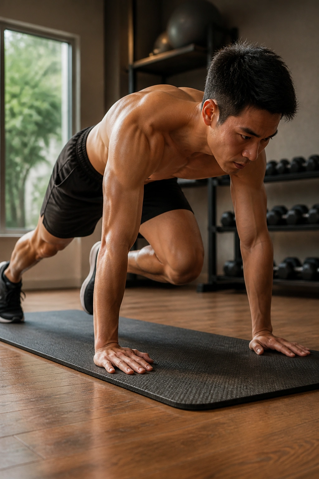 Person performing mountain climbers with hips low and back flat.