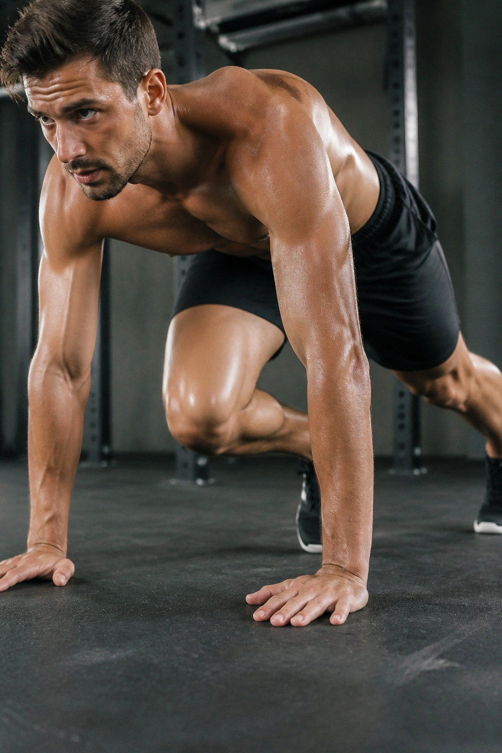 Person in plank performing mountain climbers in gym