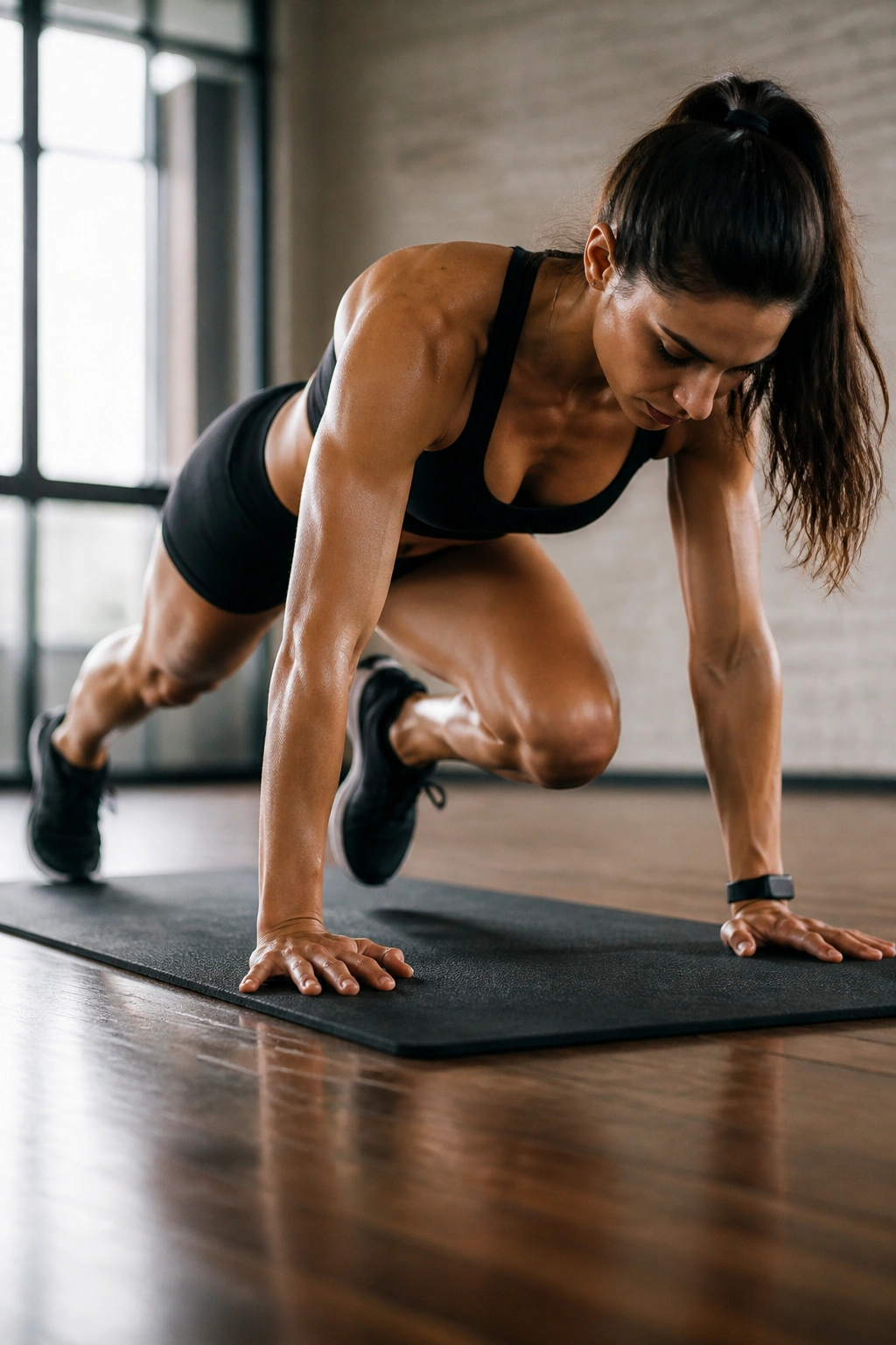 Close-up of mountain climber motion showing controlled knee drive and core stability