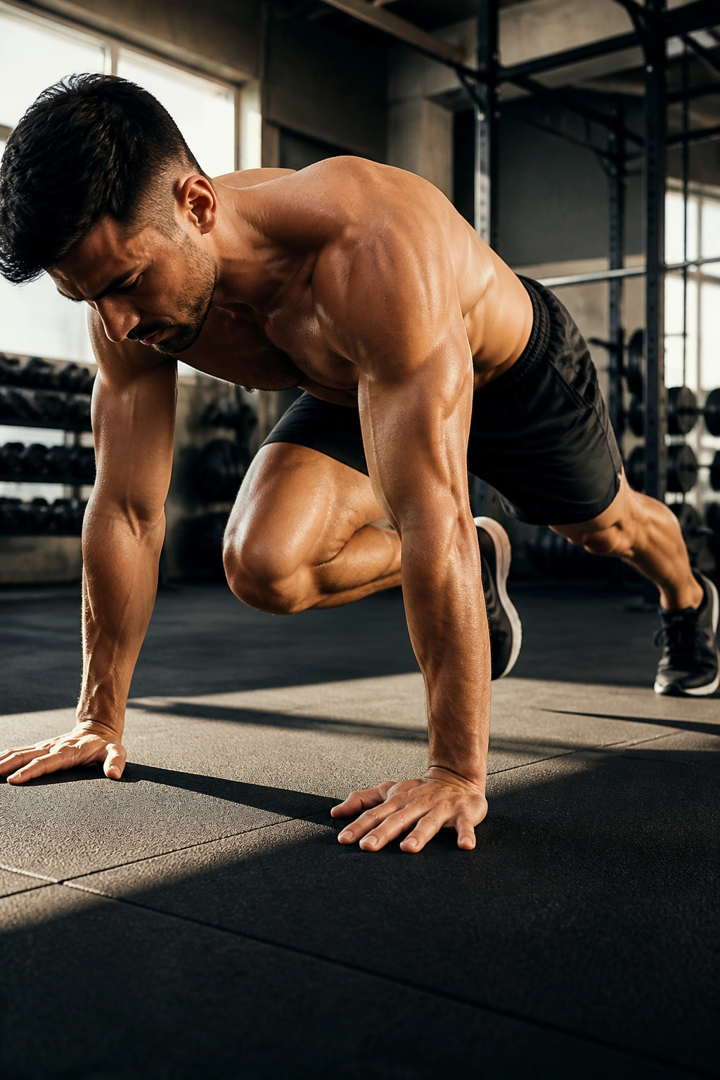Athlete in push-up position performing mountain climbers in a gym.