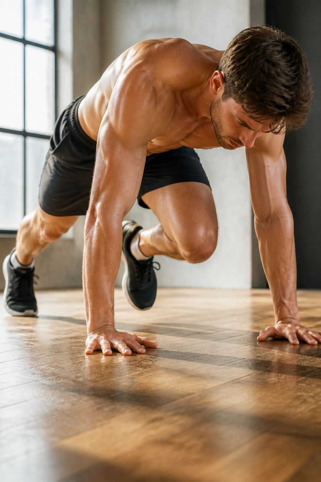 Close-up of a person performing mountain climbers with hip-stable core in a gym