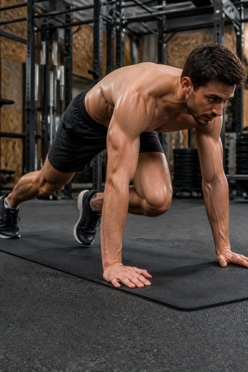 Close-up of a person performing mountain climbers on a gym mat