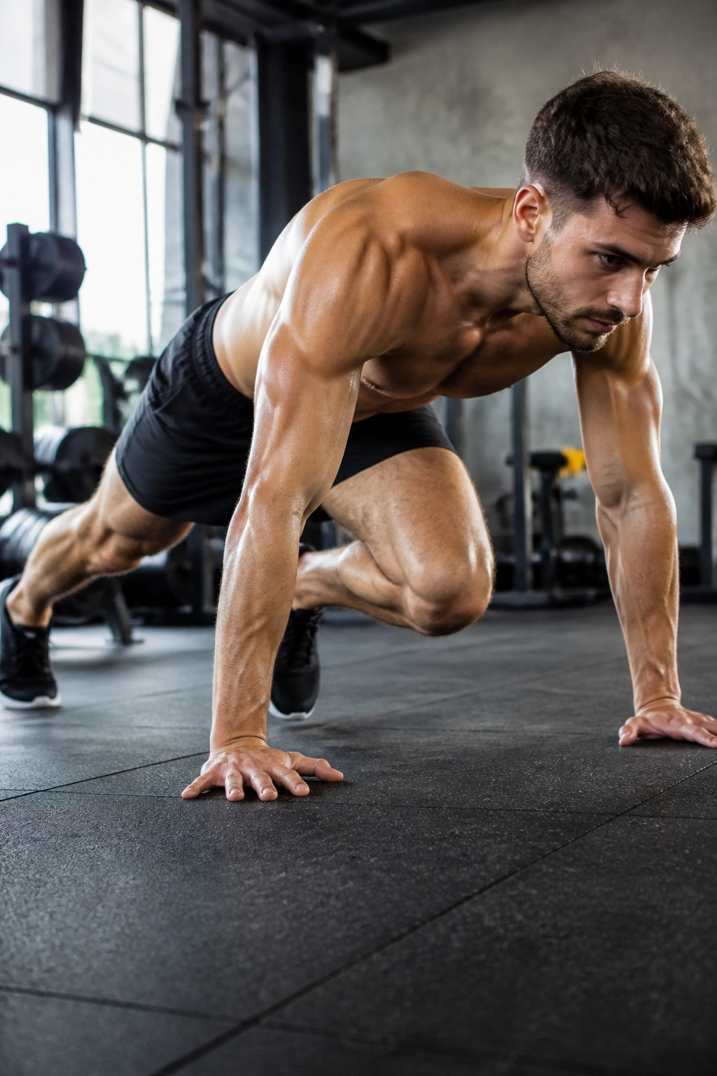 Mountain climbers exercise in gym demonstrating core stability and hip drive.