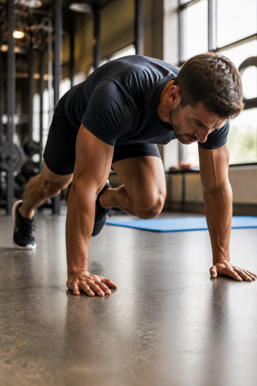 Close-up of a real person performing mountain climbers in a plank on a gym mat