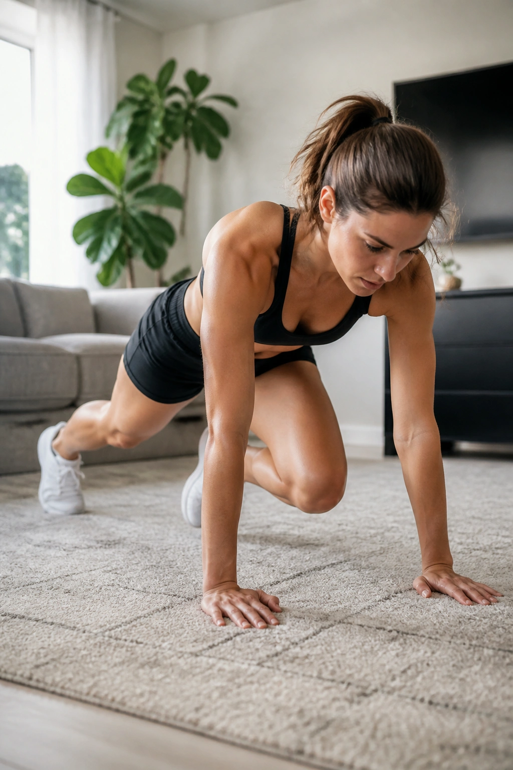 Person performing mountain climbers in a home setting.