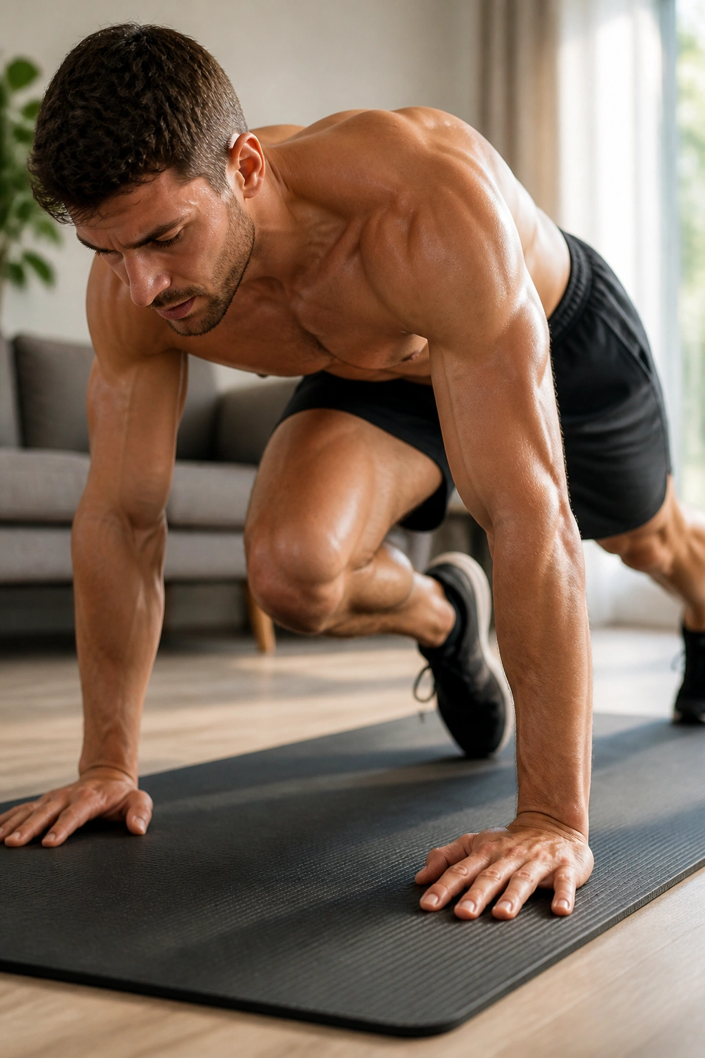 Real person performing mountain climbers on a yoga mat in a cozy home living room