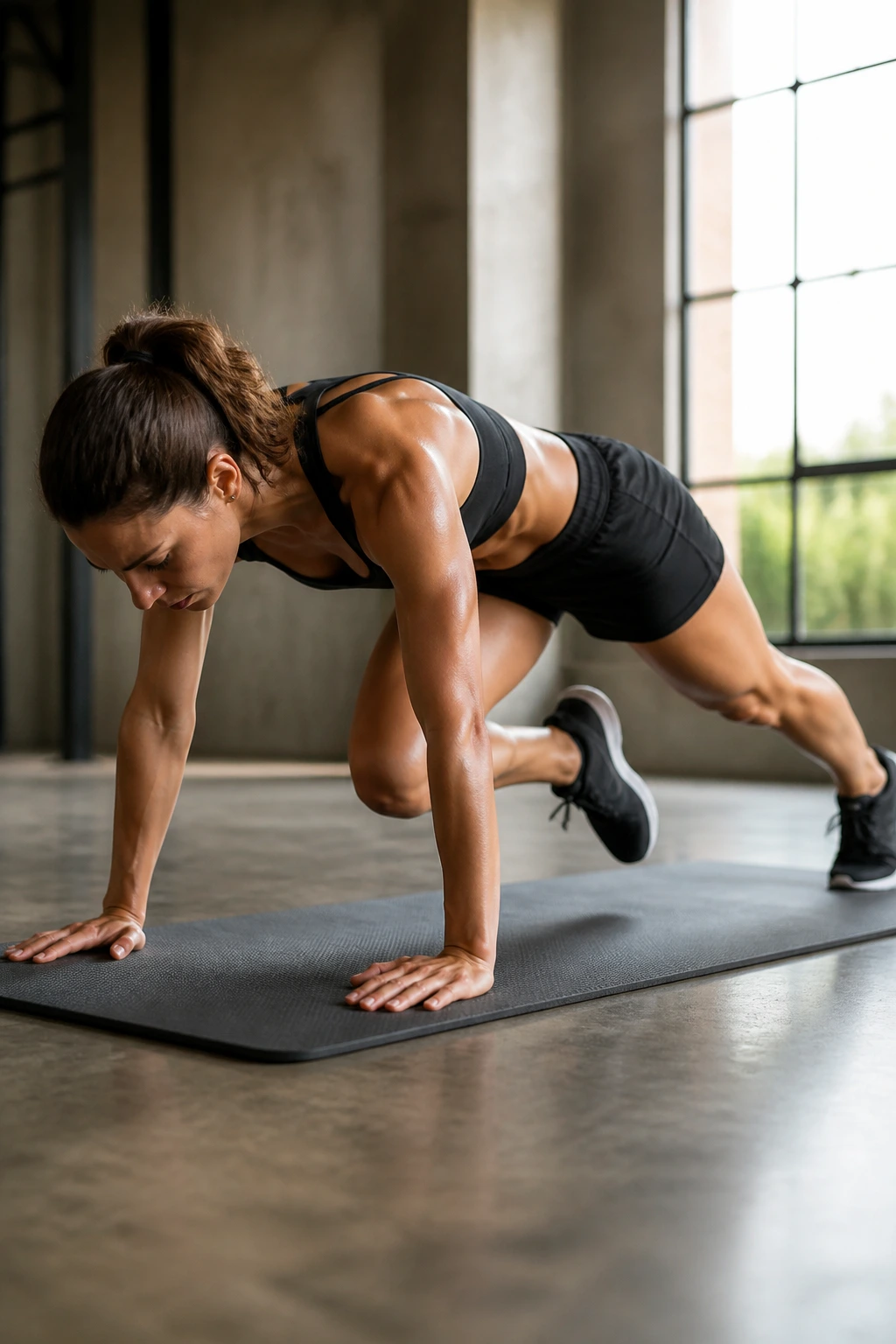 Person performing mountain climbers on a mat with fast knee drive