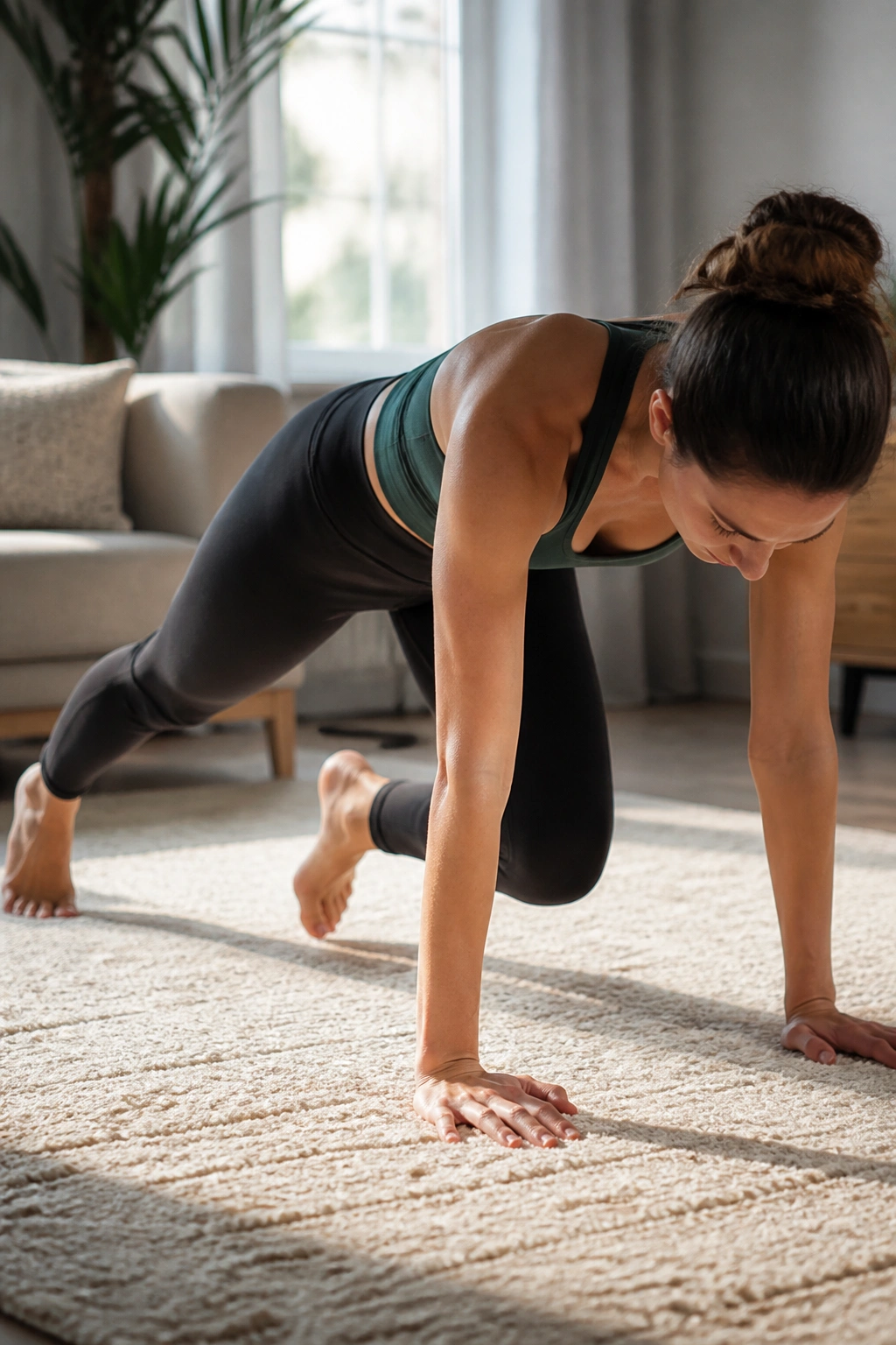 Person performing slow mountain climbers on a rug in a living room