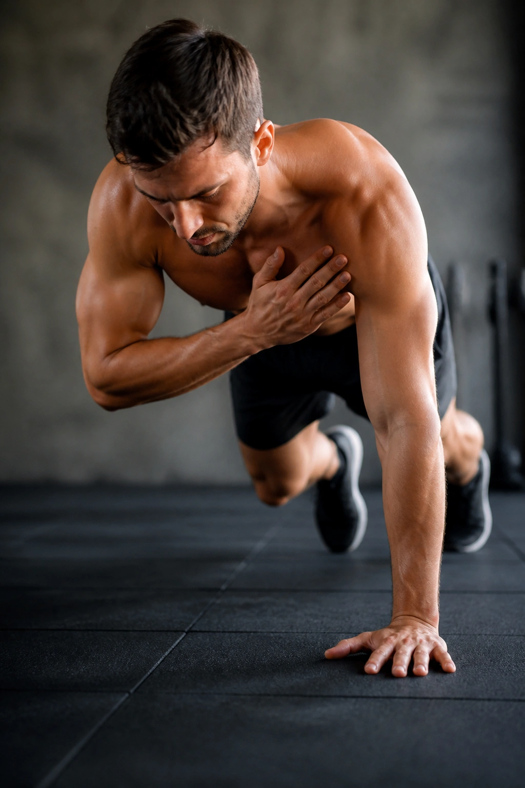 Real person doing mountain climbers with plank taps in a gym