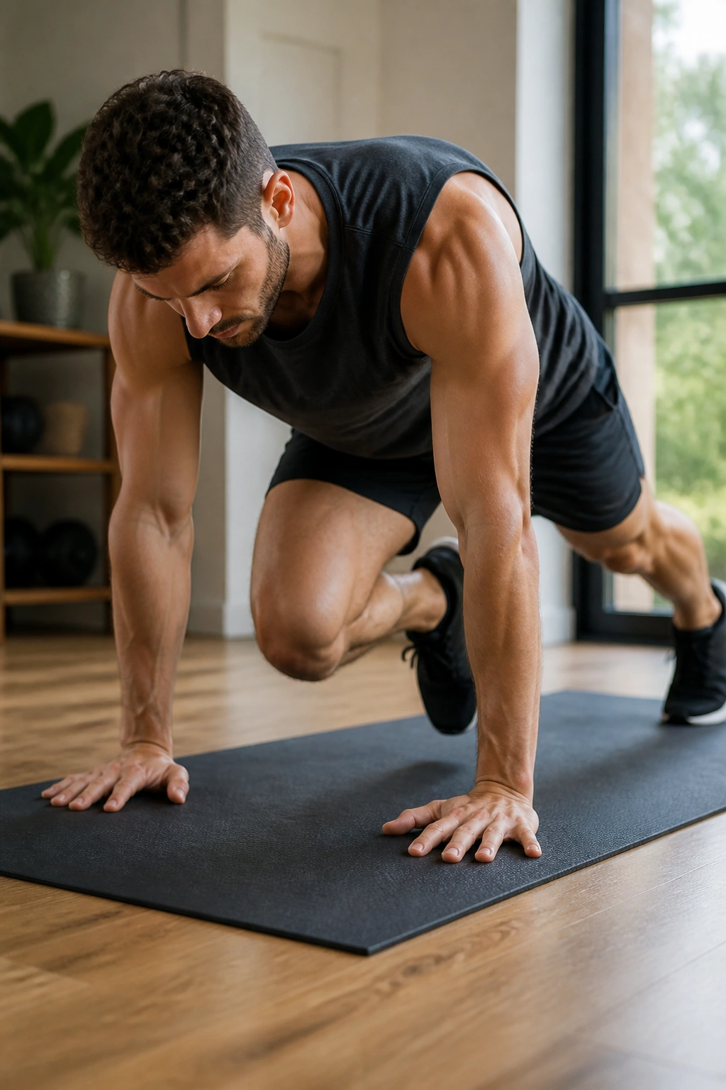 Person doing mountain climbers in a home gym with rapid knee drives