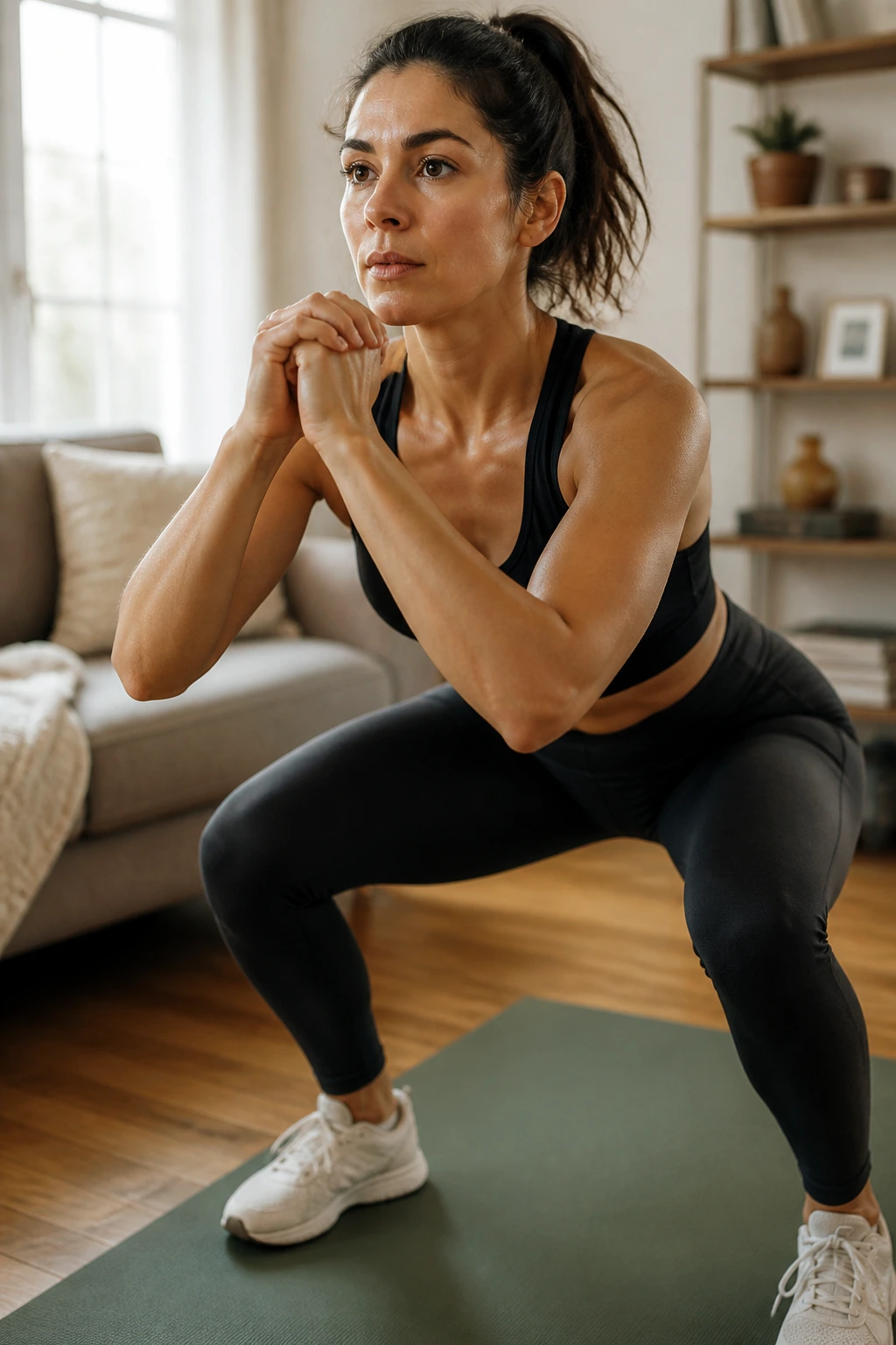 Real person doing short 1-minute movement snack in a living room