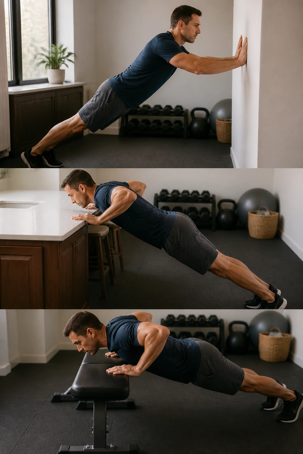 Person performing push-ups across wall, counter, and bench surfaces in a circuit