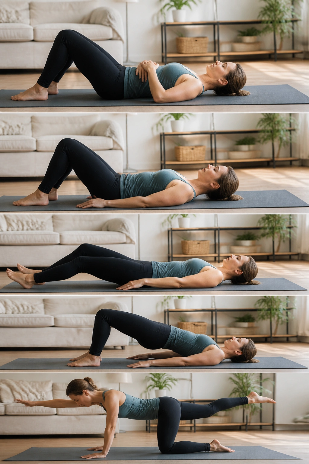 Mid-shot of mummy tummy circuit executed in a bright home gym