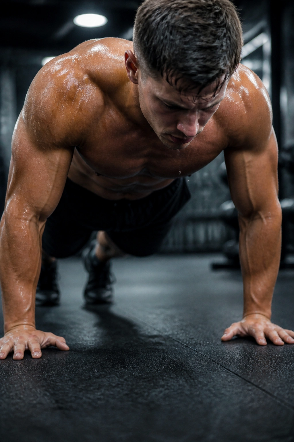 Close-up of sweaty athlete performing push-up, highlighting core and arm muscles in gym setting