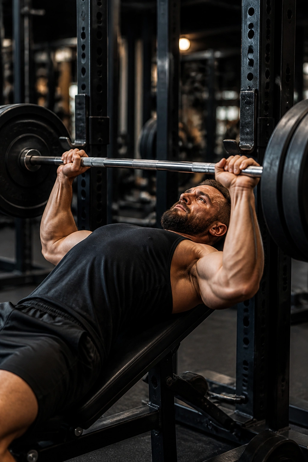 Person bench-pressing a barbell in a gym for Four-Day Muscle Gain Challenge